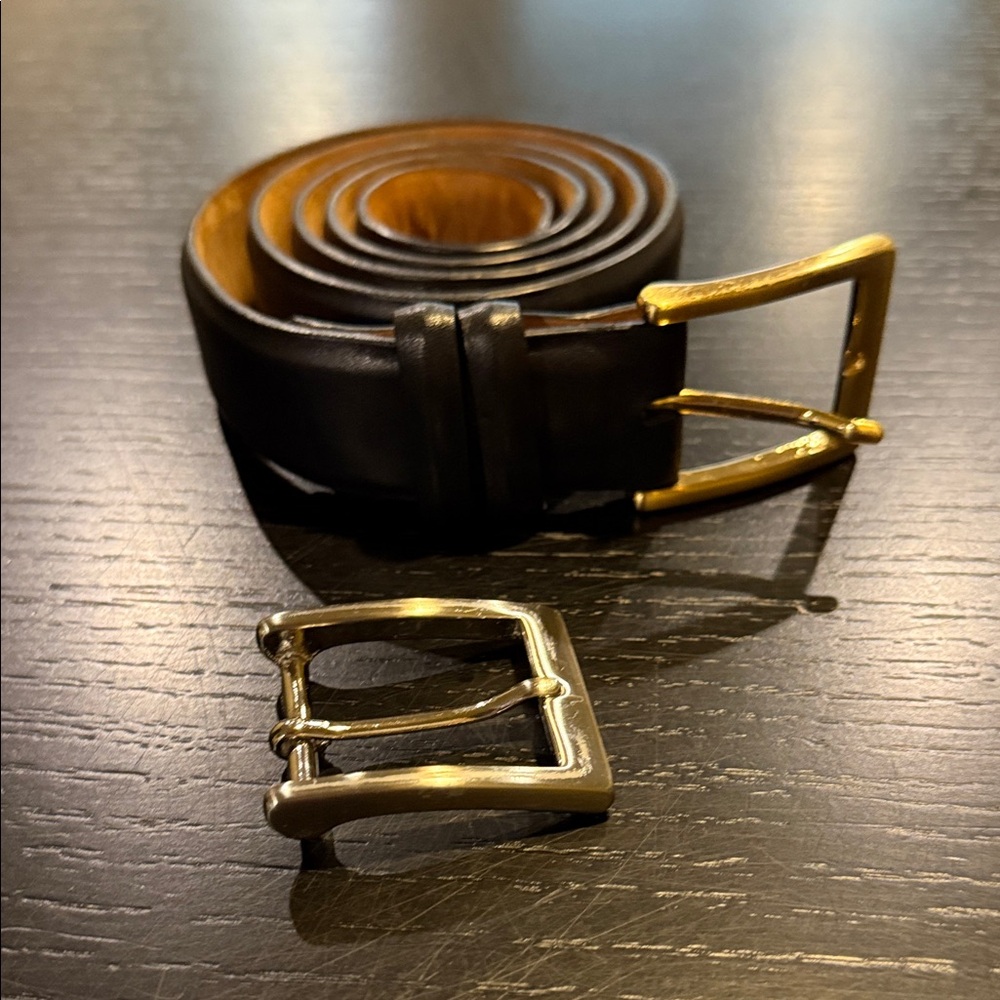 Men's Black Leather Belt with Gold and Silver Buckle